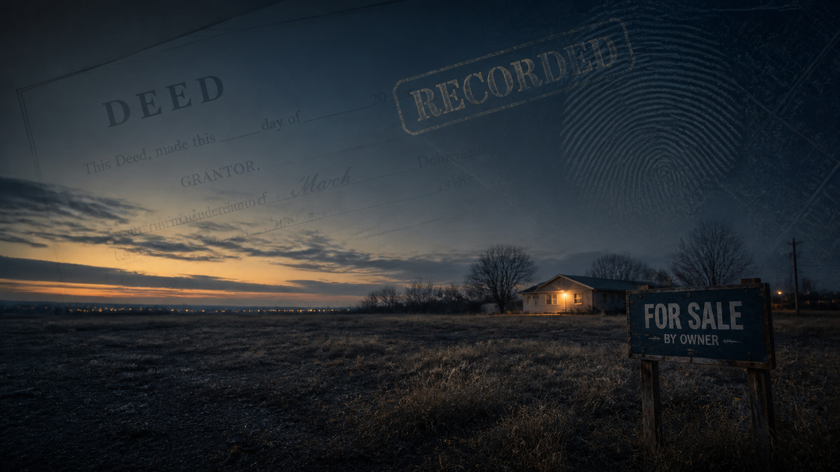 A vacant parcel at dusk, representing the vulnerability of unmonitored land to title fraud